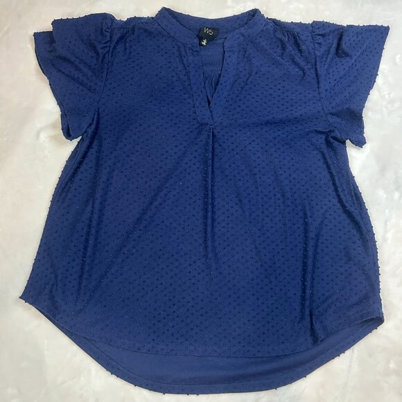 W5 Medium Women Flutter Sleeve Blue Blouse Polka Dot Textured - Picture 2 of 9